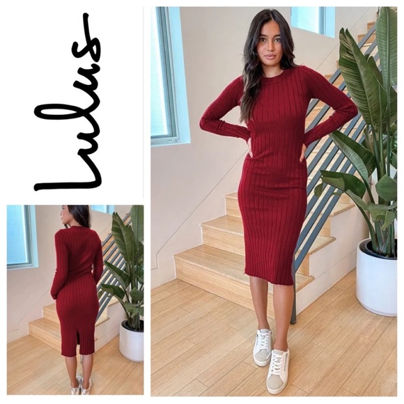 Lulus The Best Yet Ribbed Midi Bodycon Sweater Dress Size Small Burgundy - Picture 1 of 9